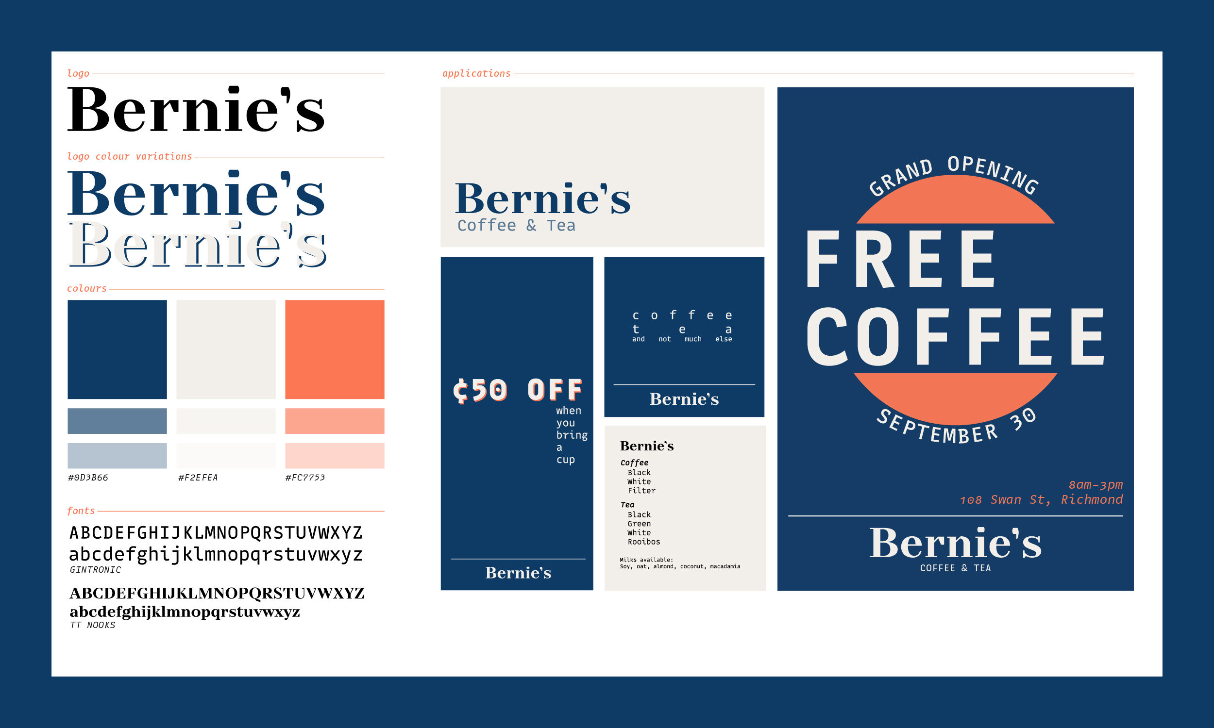 Graphic identity sheet for a tea and coffee shop